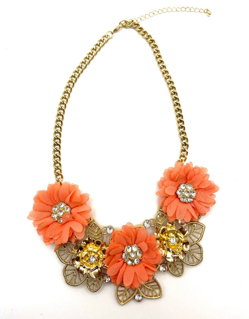 Gold and Coral Flower Necklace