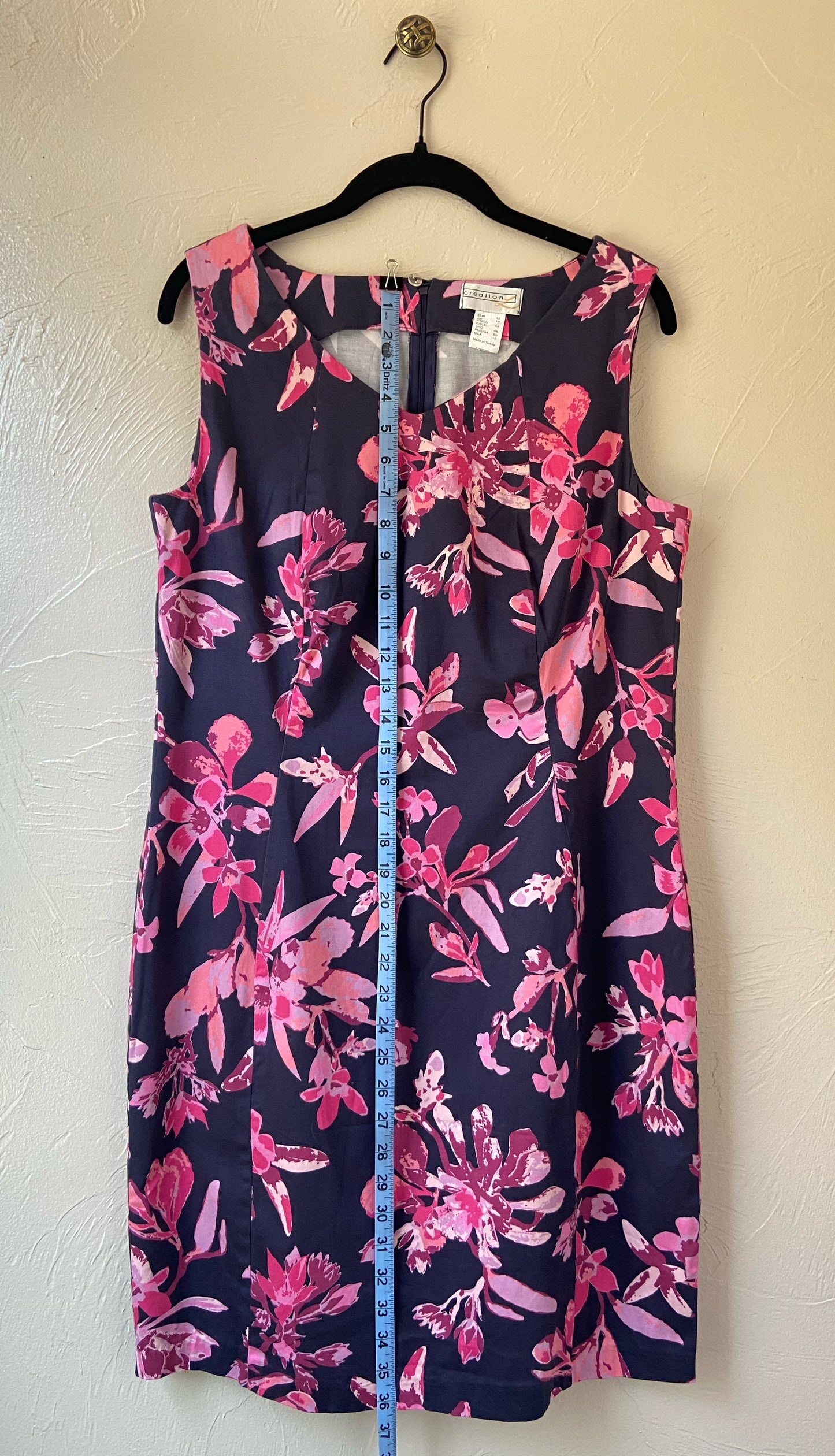 Shades of Pink Flowers on Navy Blue Sheath Dress