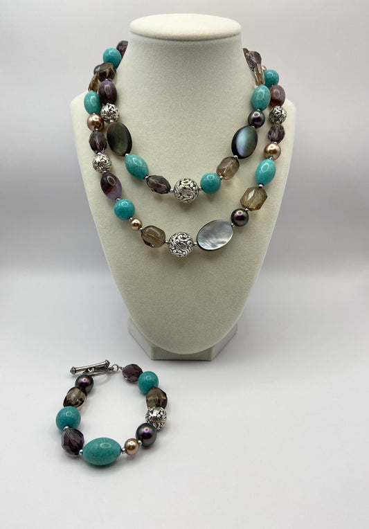 Two Row Turquoise Purple Necklace + Bracelet