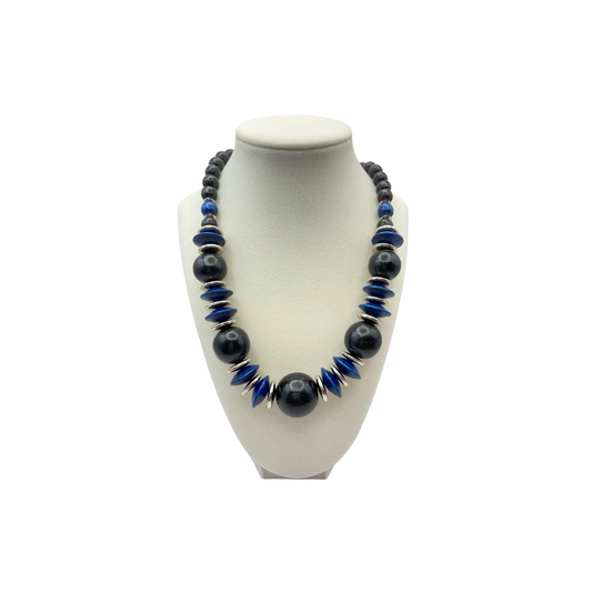 Vintage Black and Blue Wood Bead Necklace