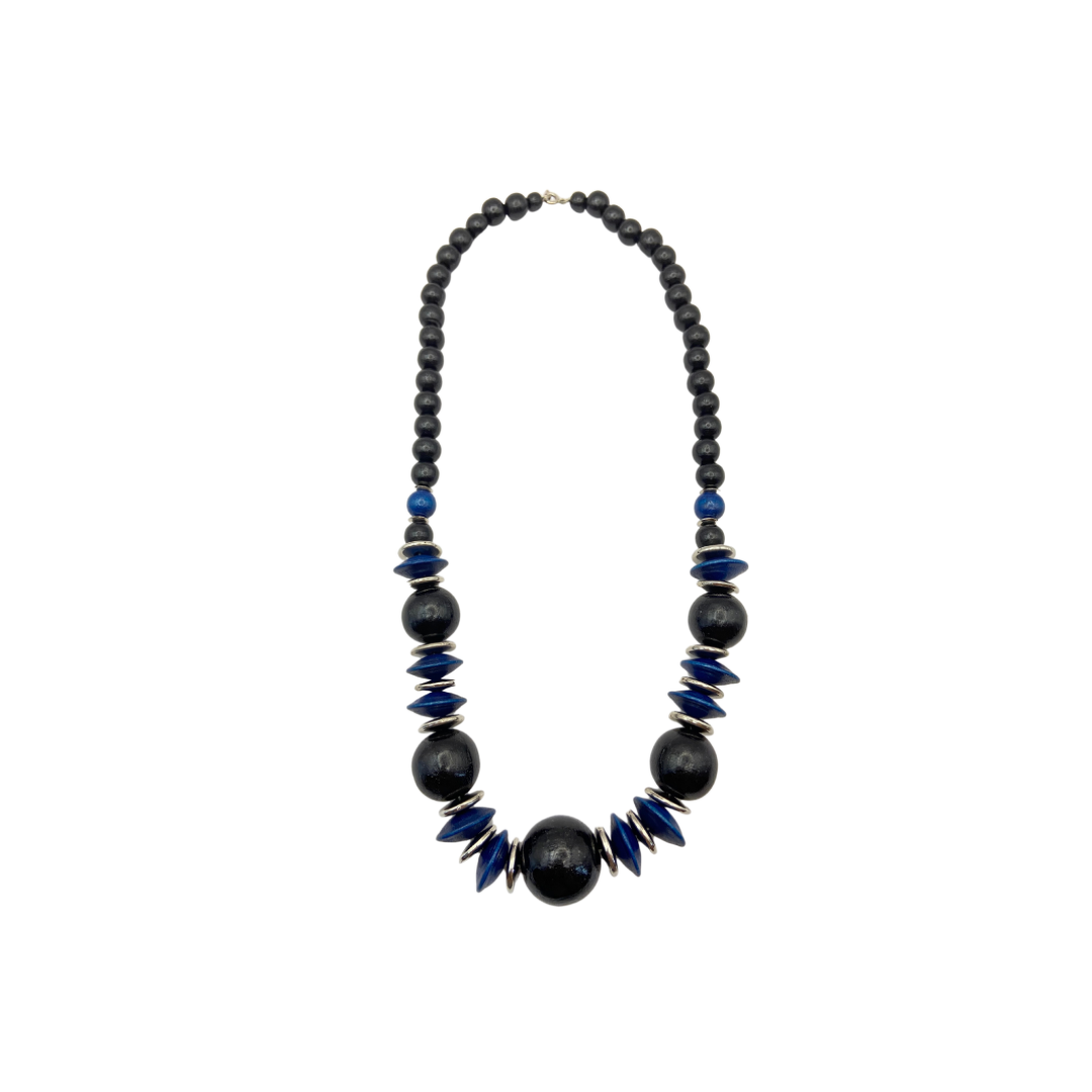 Vintage Black and Blue Wood Bead Necklace