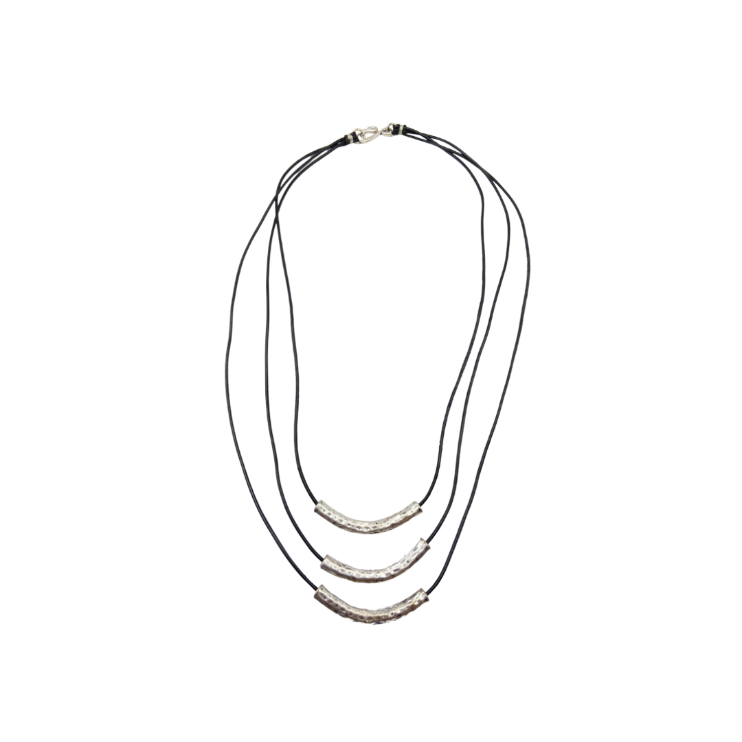 Black Leather Silver Bib Necklace